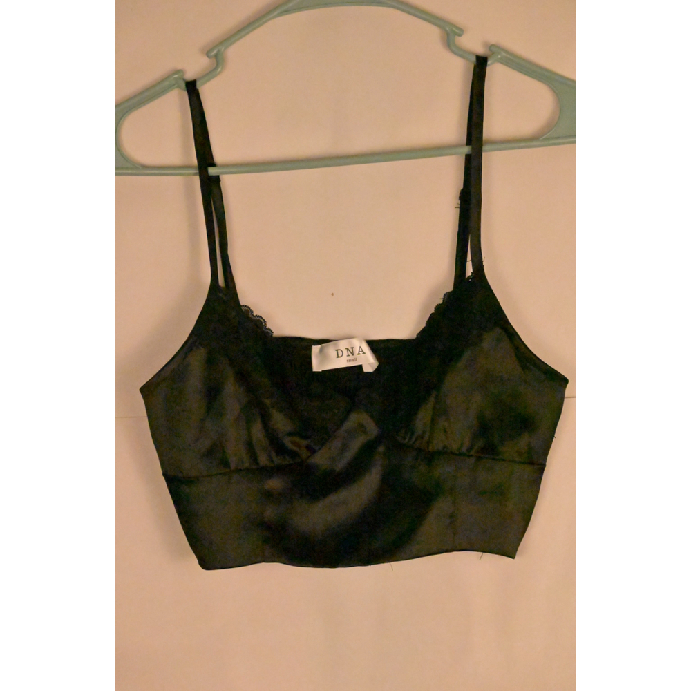Women's DNA STUDIO Black Satin Lace Trim Crop Top S